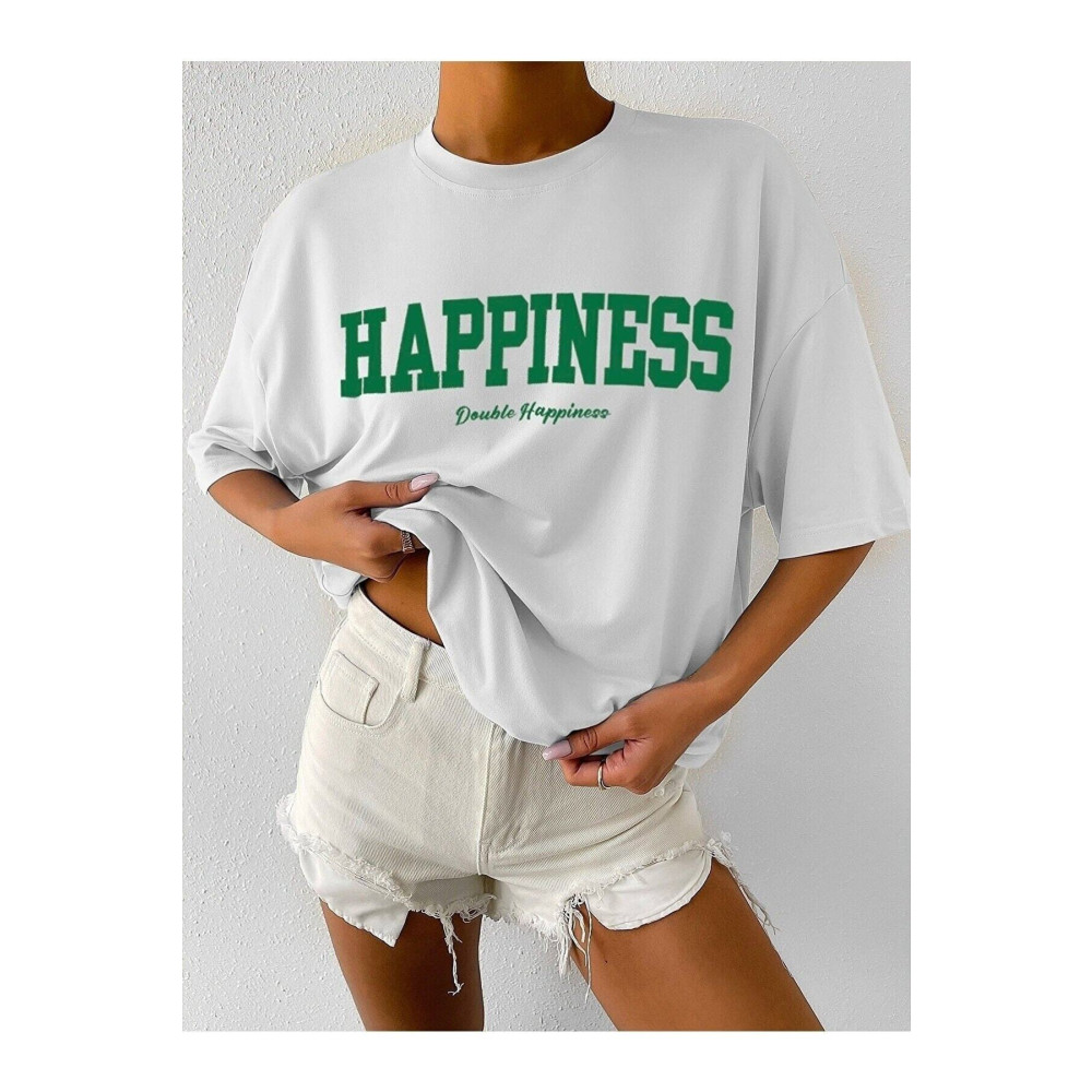 Doğannboss Kadın Happıness Baskılı Oversize Tshirt 4XL-5XL Beden Bayan T-shirt Fiyatı
