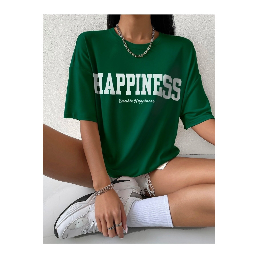 Doğannboss Kadın Happıness Baskılı Oversize Tshirt L-XL/LNG Beden Bayan T-shirt Fiyatı