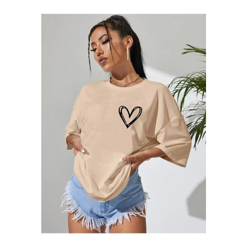 Doğannboss Minimal Kalp Baskılı Acık Kahverengi Oversize Tshirt L Beden Bayan T-shirt Fiyatı