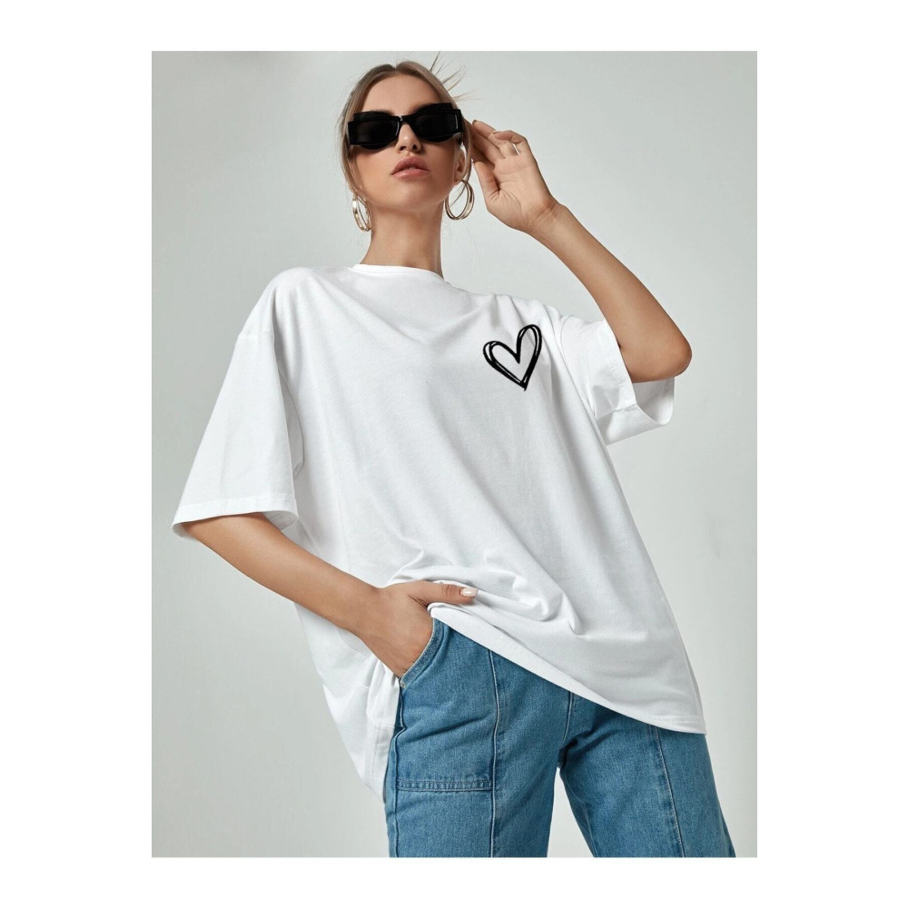 Doğannboss Minimal Kalp Baskılı Beyaz Oversize Tshirt 3X Beden Bayan T-shirt Fiyatı