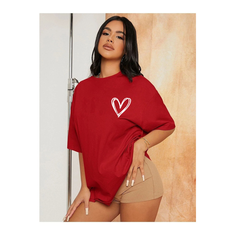 Doğannboss Minimal Kalp Baskılı Oversize Tshirt 5XL Beden Bayan T-shirt Fiyatı