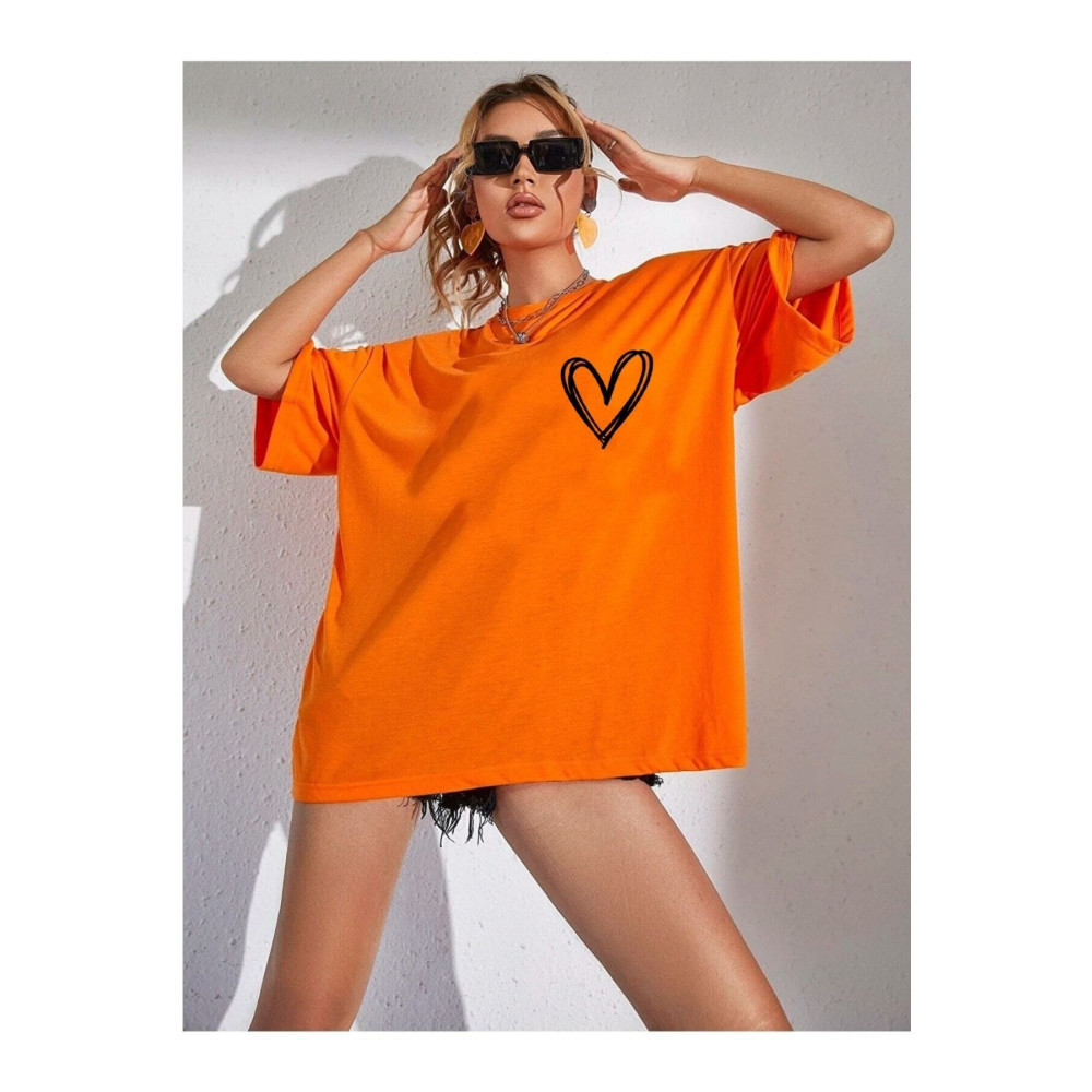 Doğannboss Minimal Kalp Baskılı Oversize Tshirt Large Beden Bayan T-shirt Fiyatı