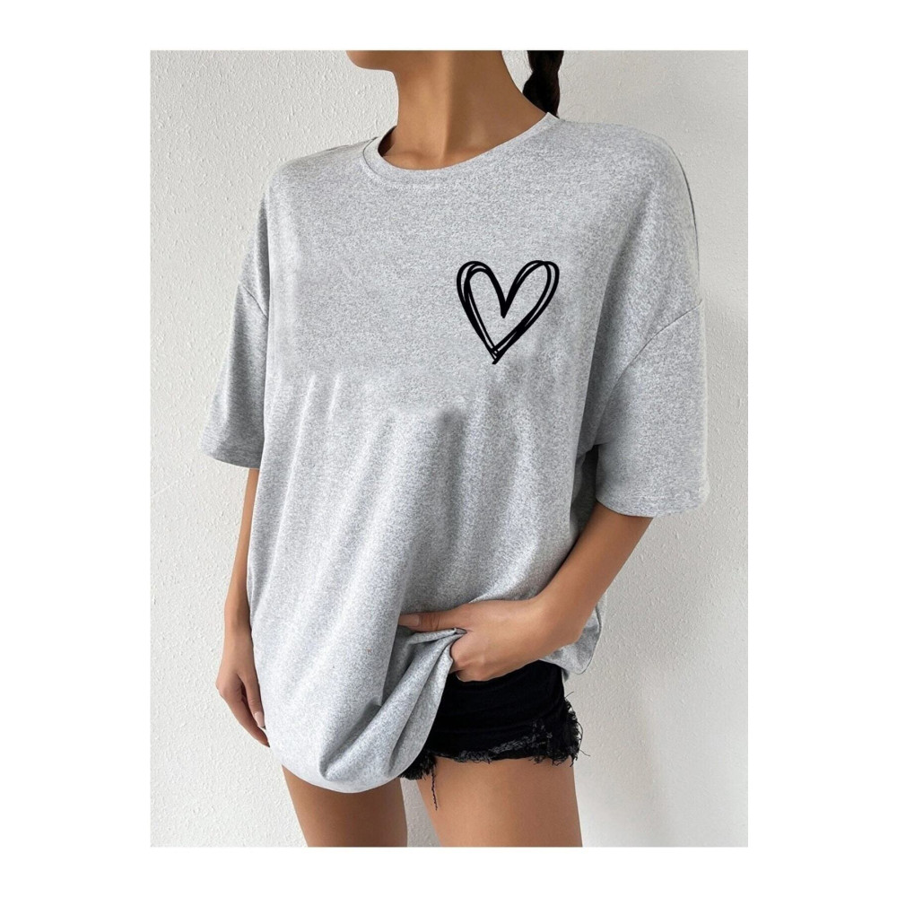 Doğannboss Minimal Kalp Baskılı Oversize Tshirt XS Beden Bayan T-shirt Fiyatı