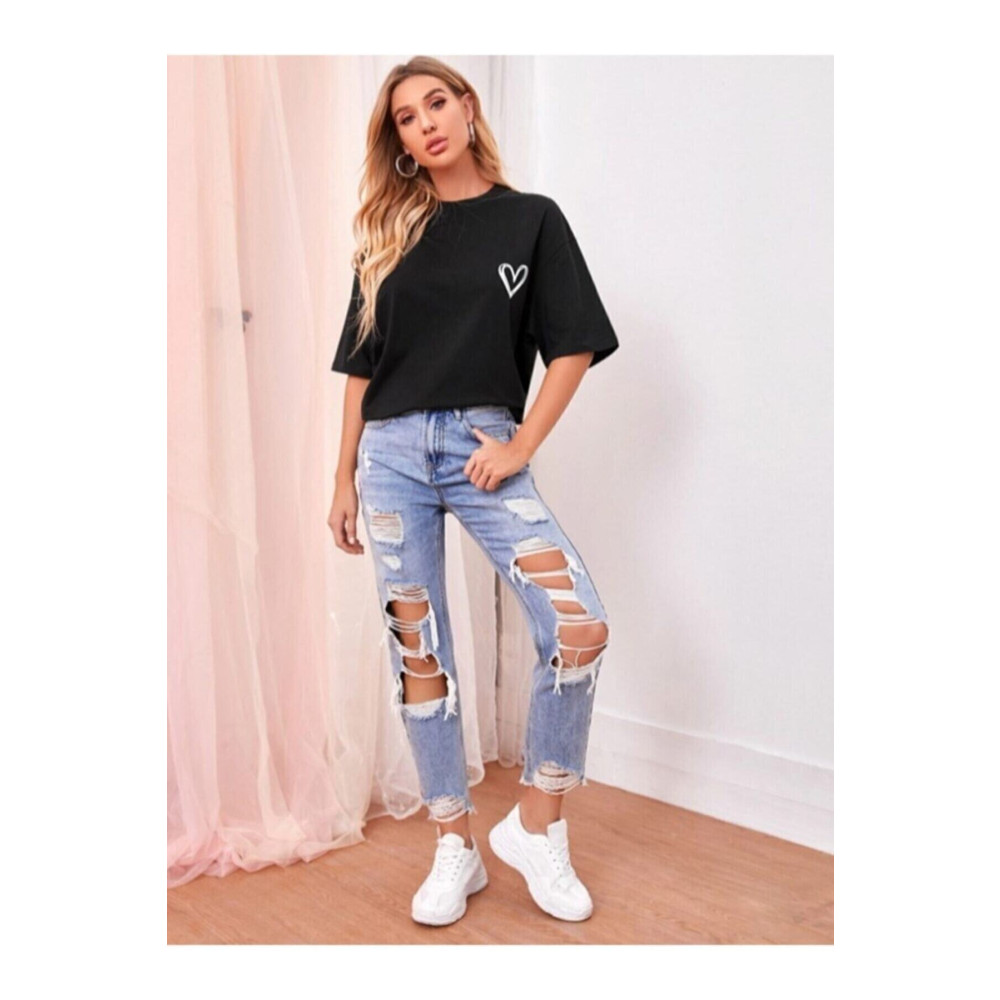 Doğannboss Minimal Kalp Baskılı Siyah Oversize Tshirt 3XL/4XL Beden Bayan T-shirt Fiyatı