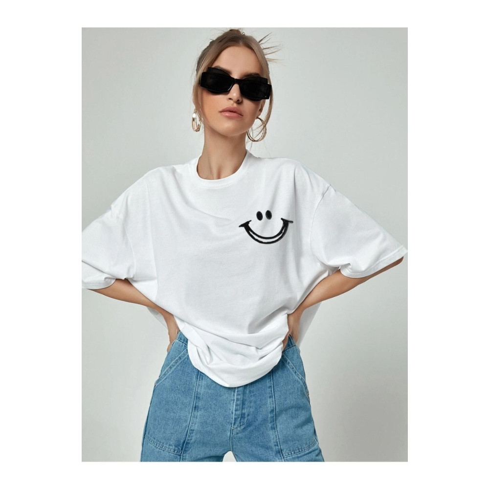 Doğannboss Smile Grafik Baskılı Beyaz Oversize Tshirt 7XL Beden Bayan T-shirt Fiyatı