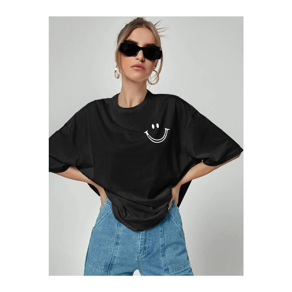 Doğannboss Smile Grafik Baskılı Siyah Oversize Tshirt 11-12 Yaş Beden Bayan T-shirt Fiyatı
