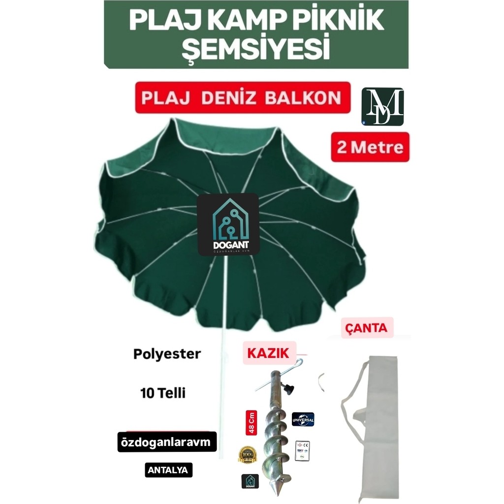 Dogant 2 Metre 10 Telli Plaj Deniz Kamp Polyester Yeşil Şemsiyesi Çanta Kazık Diğer Fiyatı
