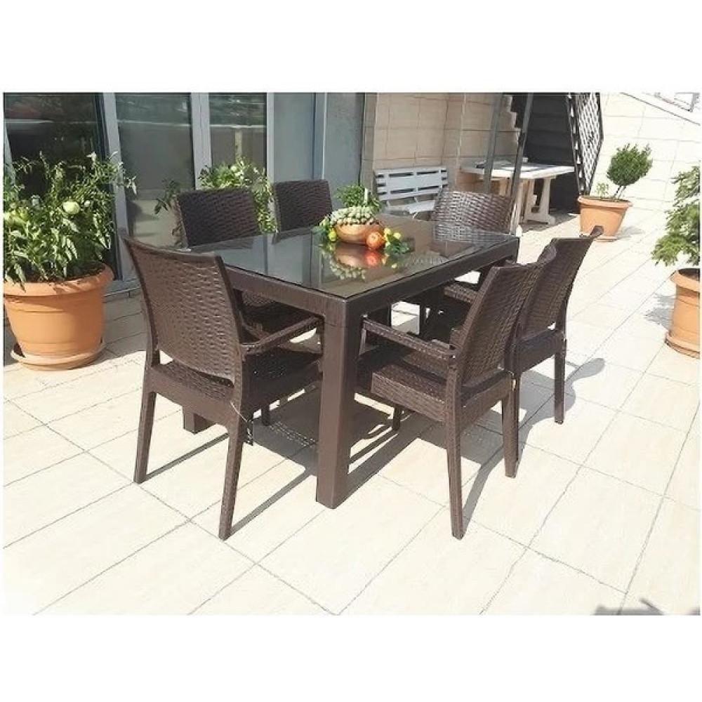 Dogant Tuana 80*140 Camlı Masa 6 Sandalye 6 Minder Rattan Takım K.kahverengi Bahçe Sandalyesi Fiyatı