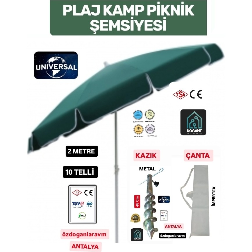 Dogant Yeşil Plaj Şemsiyesi 200 cm Çapında 10 Telli Taşıma Çantalı Kazık Diğer Fiyatı