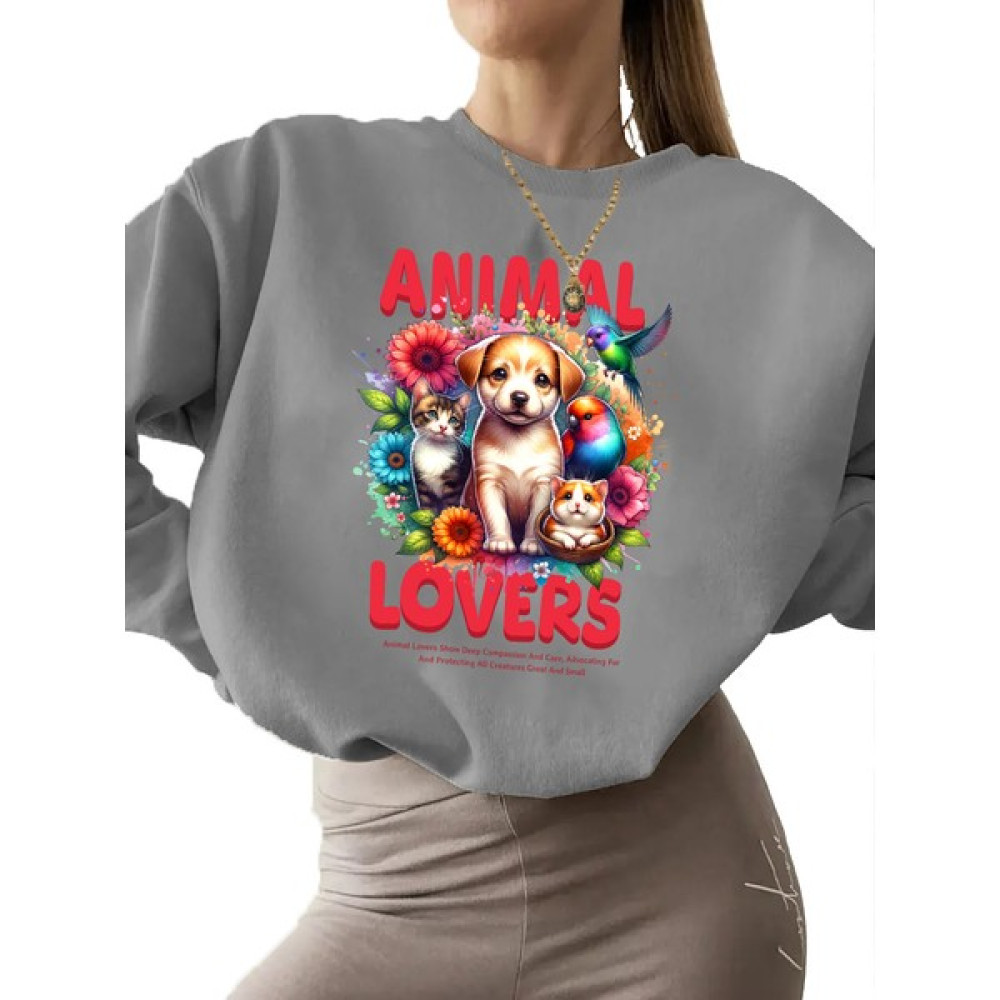 Dogfish Sweatshirt Animal Lovers Baskılı 3 Iplik Kalın Gri Sevgili Kombin Bayan Sweatshirt Fiyatı