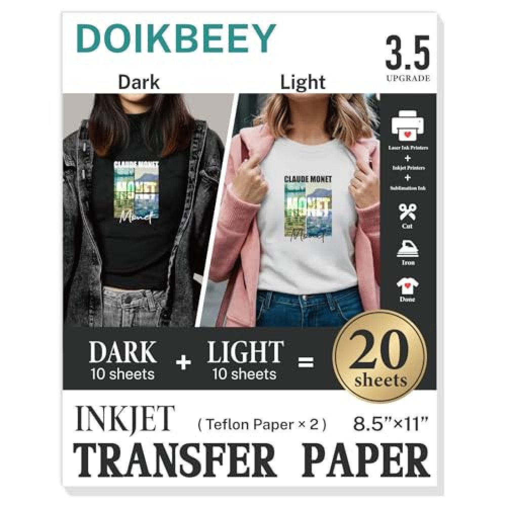 DOIKBEEY Upgraded version 3.5 Transfer Paper for T Shirts - 20 Pack Mixed Light & Dark Iron on Transfer Paper, 8.5" x 11" Printable Heat Transfer Vinyl for Inkjet Printer, Durable & Easy to Use