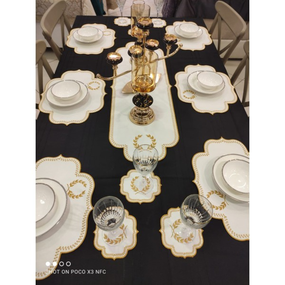 Dolce Mariee 13 Parça Amerikan Servis & Runner Set Beyaz Gold - Beyaz - Gold - 40 x 130 cm Masa Örtüsü Fiyatı