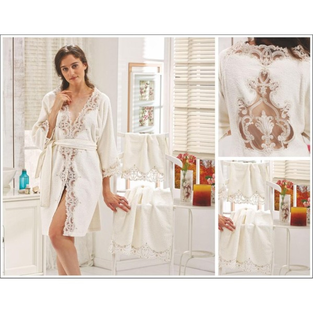 Dolce Mariee Paris Güpürlü Balayı Bornozu - Standart - Ekru Bornoz Fiyatı