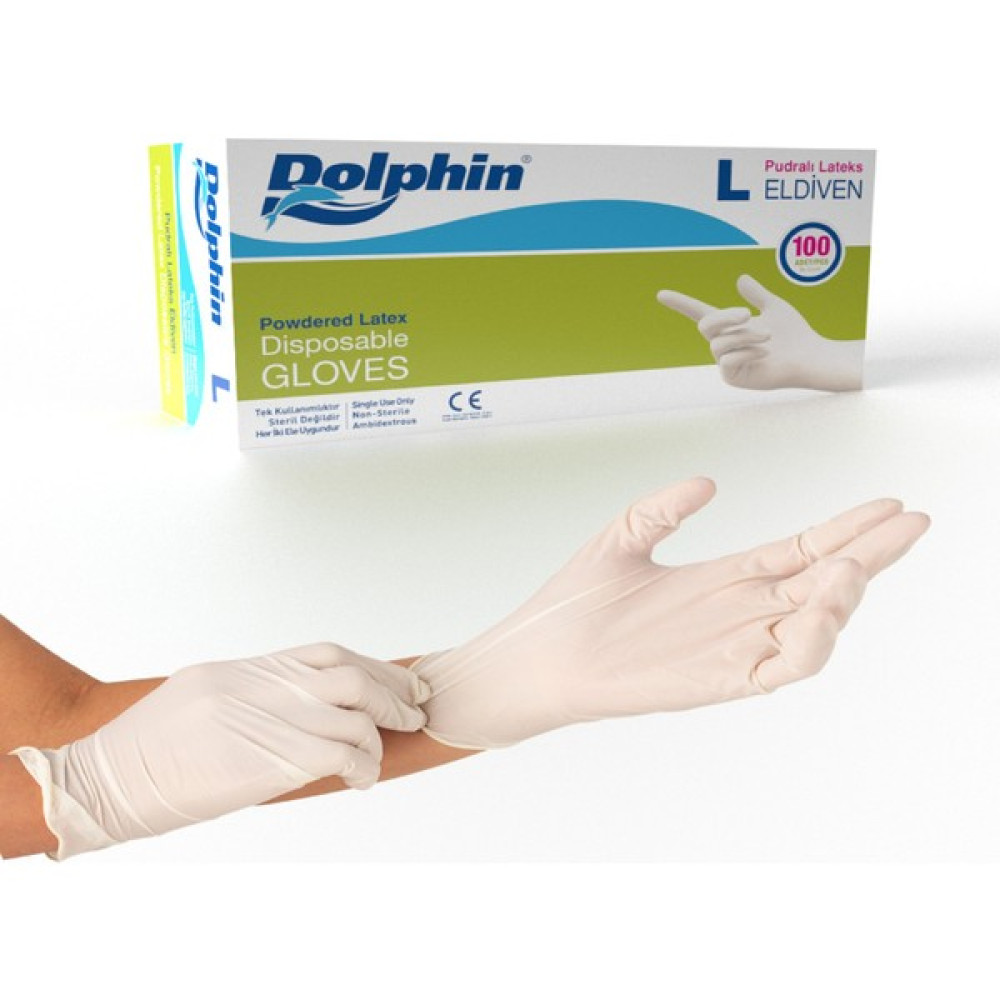Dolphin Pudralı Beyaz Latex Eldiven Büyük Boy (L) 100 Lü Paket Temizlik Malzemeleri Fiyatı