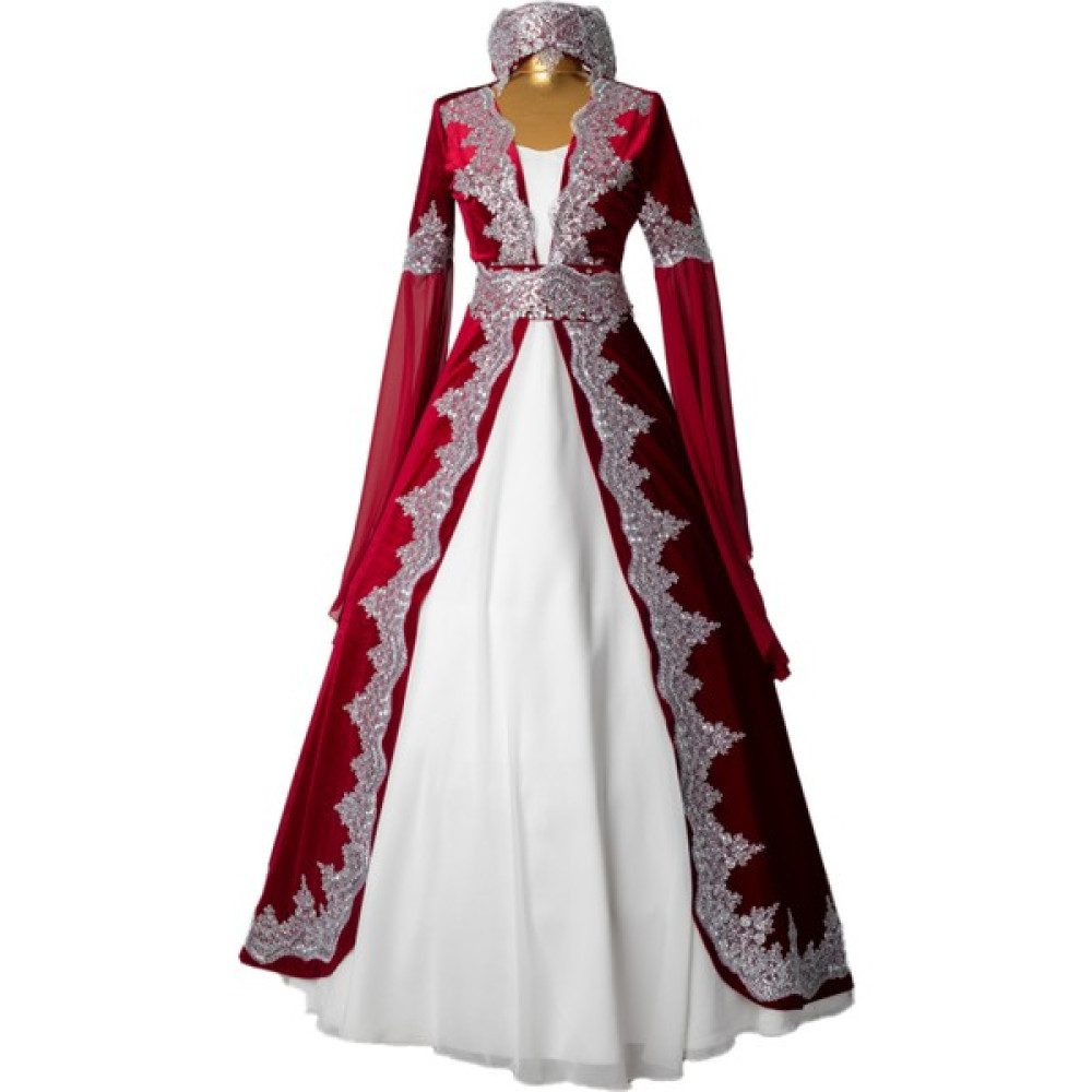 Dolunay Moda Kaftan Bindallı Kırmızı Renk Yeni Sezon Gümüş Dantelli Elbise Fiyatı