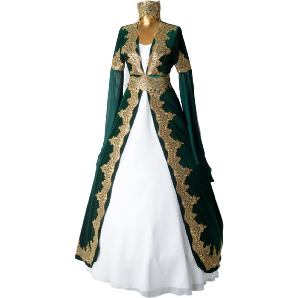 Dolunay Moda Kaftan Bindallı Yeşil Renk Yeni Sezon Gold Dantelli Elbise Fiyatı