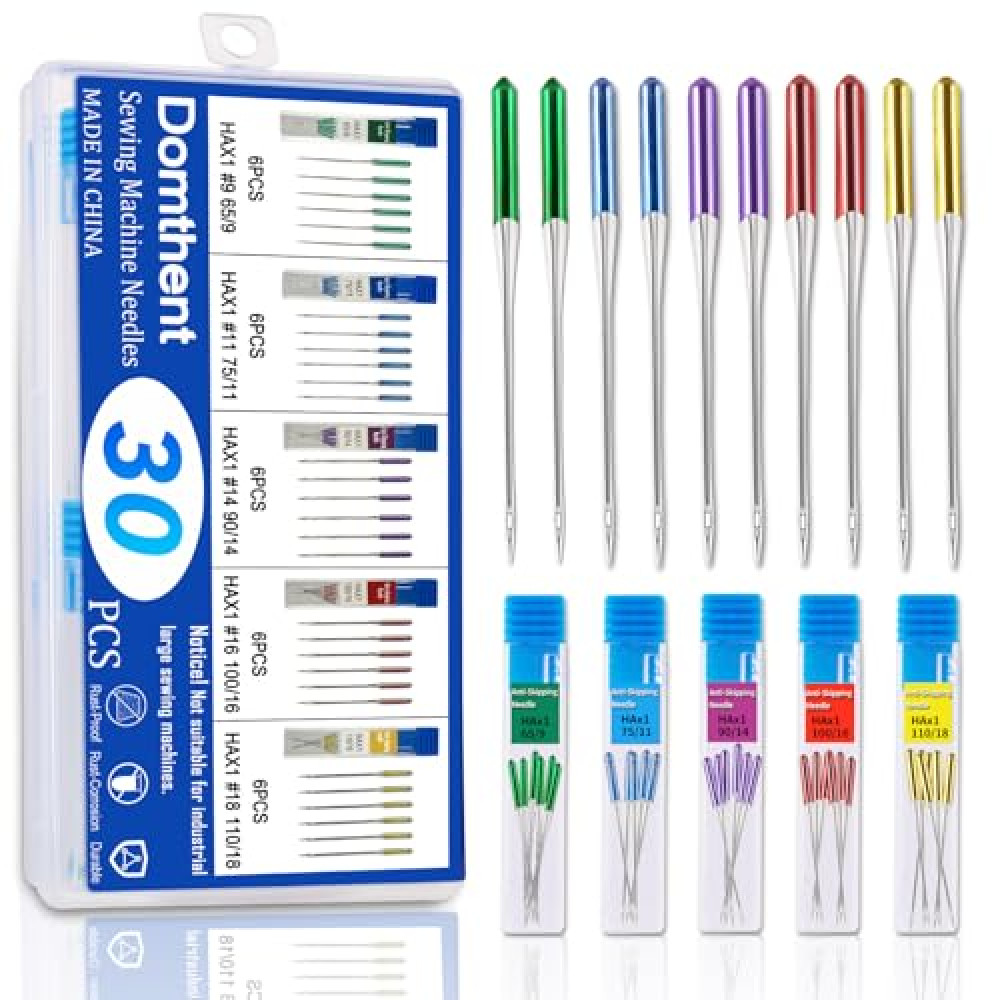 Domthent 30pcs Sewing Machine Needles,Universal Regular Point Sewing Needles,Sewing Machine Accessories for Singer,Brother Sewing Machine,etc.,with Sizes HAX1 65/9,75/11,90/14,100/16,110/18 (30)