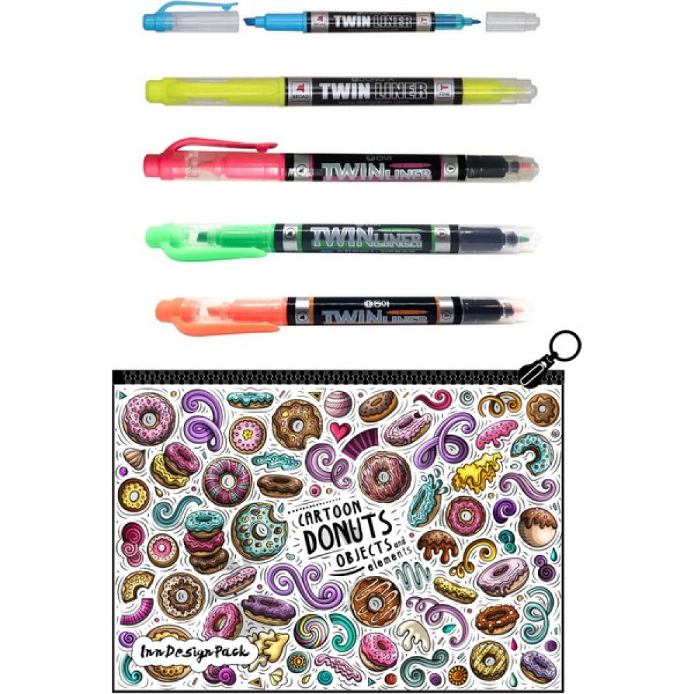 Dong-A Twinliner Çift Taraflı Fosforlu Kalem 5'li Set + Boyanabilir Kalem Kutu Donuts Fosforlu Kalem Fiyatı