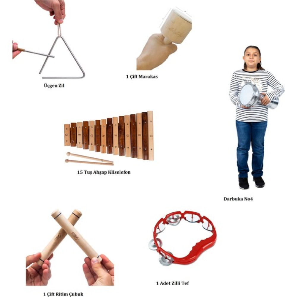 Donizetti Anaokulu Ritim Orff Set Üçgen Zil + Kliselefon + Darbuka + Marakas+ Ritim Çubuk + Zilli Tef Vurmalı Çalgılar Fiyatı