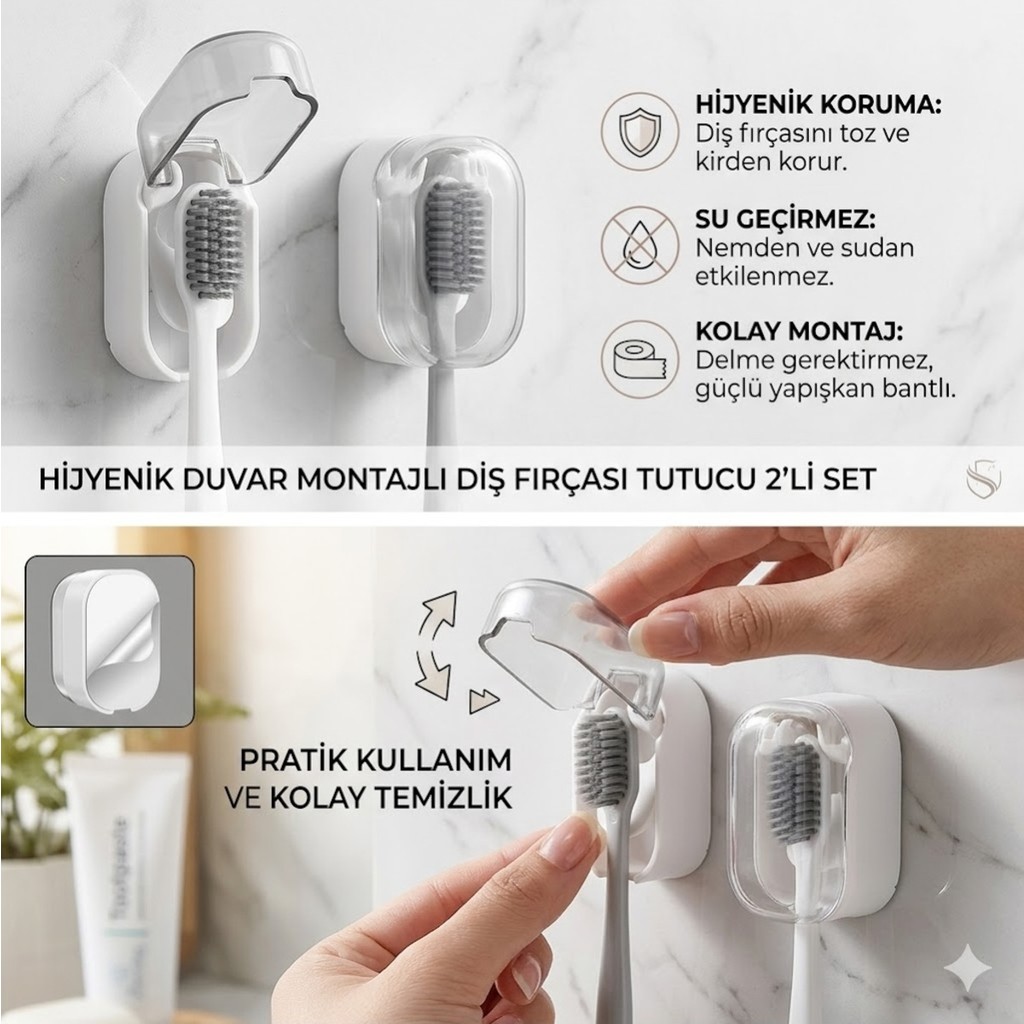 Doori Kendinden Yapışkanlı Kolay Montaj Kapaklı Diş Fırçası Tutucu 2'li Set - Beyaz Diğer Fiyatı