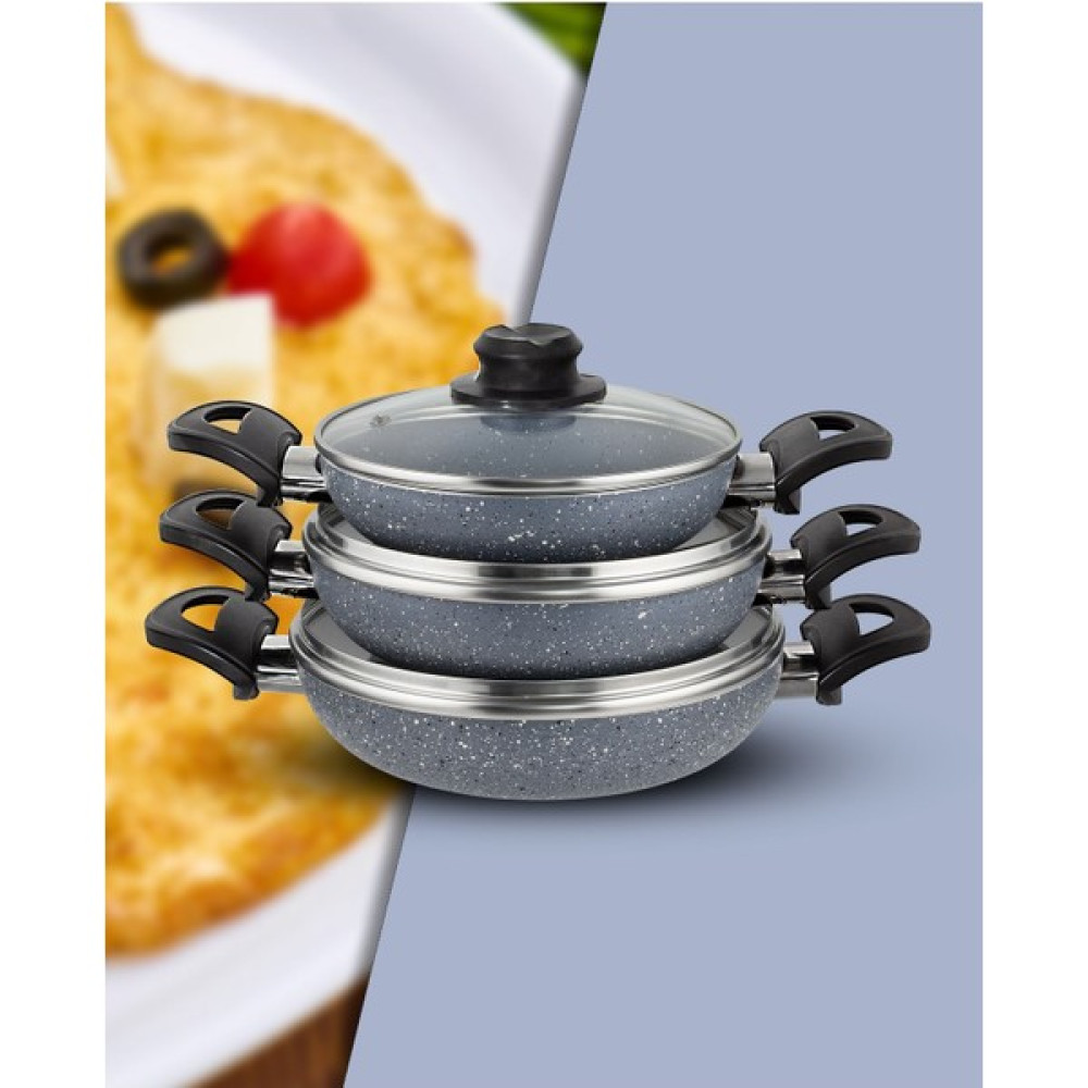 Dora Granitta 18 20 22 cm 6 Parça Gri Kapaklı Omlet/sahan Tava Seti - -- Tavalar Fiyatı