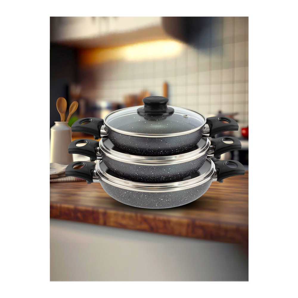 Dora Granitta 18 20 22 cm Koyu Gri 2mm 6 Parça Kapaklı Omlet/Sahan Tava Seti Tavalar Fiyatı