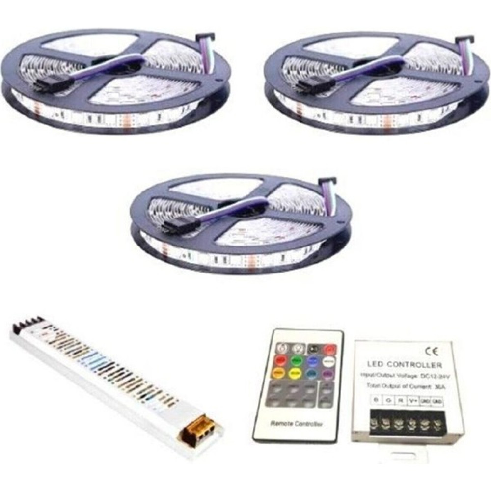 Doraled RGB Şerit Led Set 12V 5050 Üç Çipli 15-20-25-30m 30 Metre-Iç Mekan (Slikonsuz)-24 Amper Rf Tuşlu Led Aydınlatmalar Fiyatı