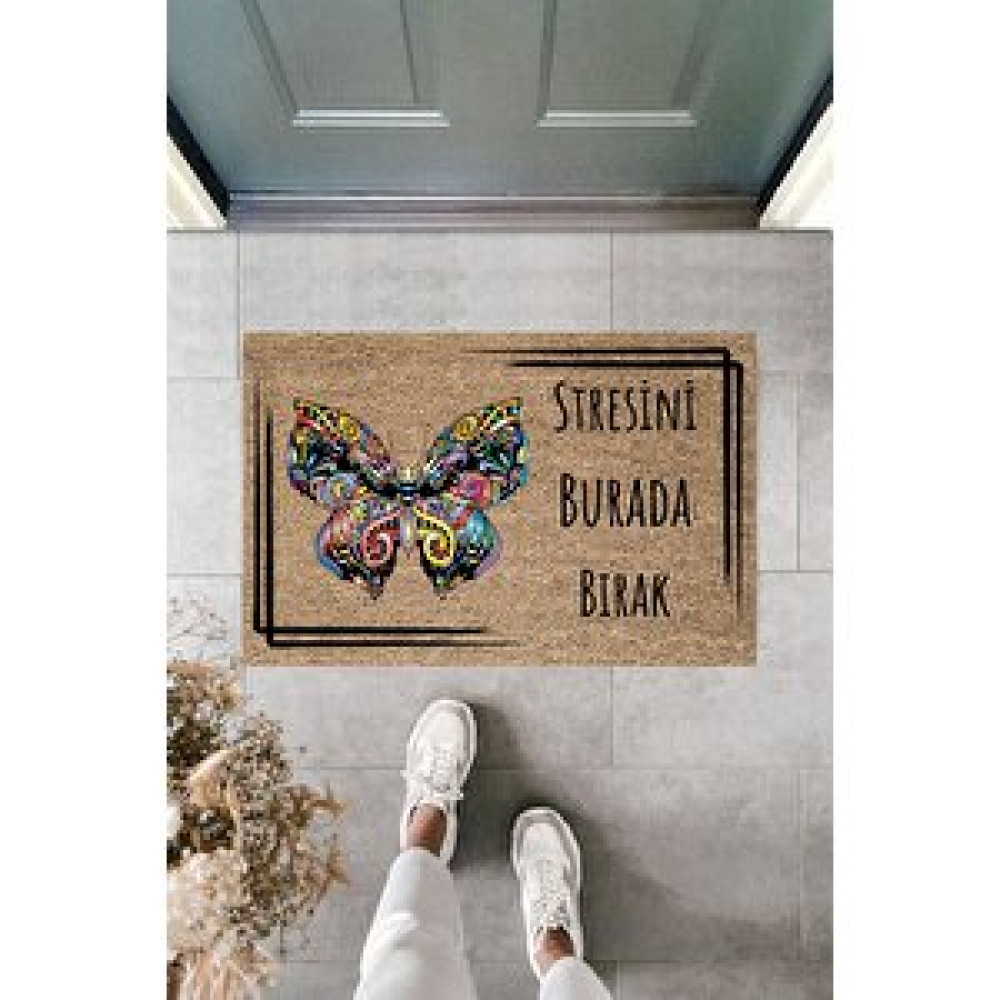 Dormot Home Modern Dijital Baskı - Çerçeveli Stresini Burada Bırak Kelebek 70x45cm Kapı Önü Paspası Paspas Fiyatı