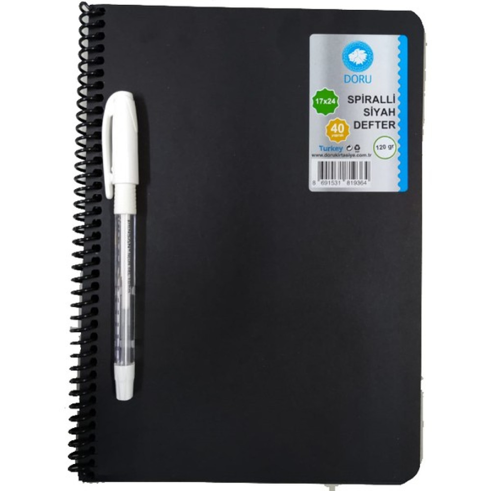 Doru 40 Sayfa Siyah Defter ve Beyaz Kalem Spiralli Defter Fiyatı
