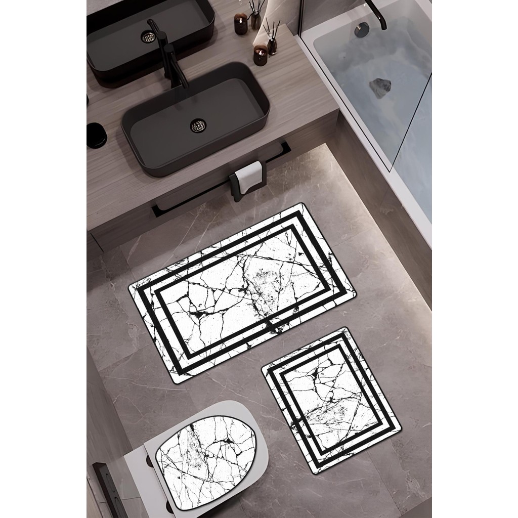 Doruklar Home Collection Bambu Kumaş Kaymaz Tabanlı Yıkanabilir 3'lü Klozet Takımı Dijital Baskı Banyo Paspas Seti BKLZ0005 - Renkli Araca Özel Paspaslar Fiyatı