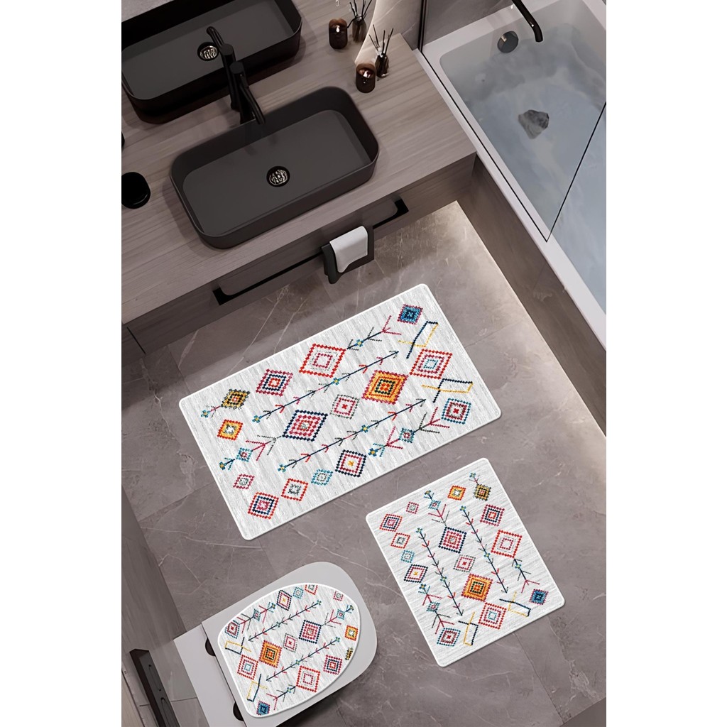 Doruklar Home Collection Bambu Kumaş Kaymaz Tabanlı Yıkanabilir 3'lü Klozet Takımı Dijital Baskı Banyo Paspas Seti BKLZ0006 - Renkli Araca Özel Paspaslar Fiyatı