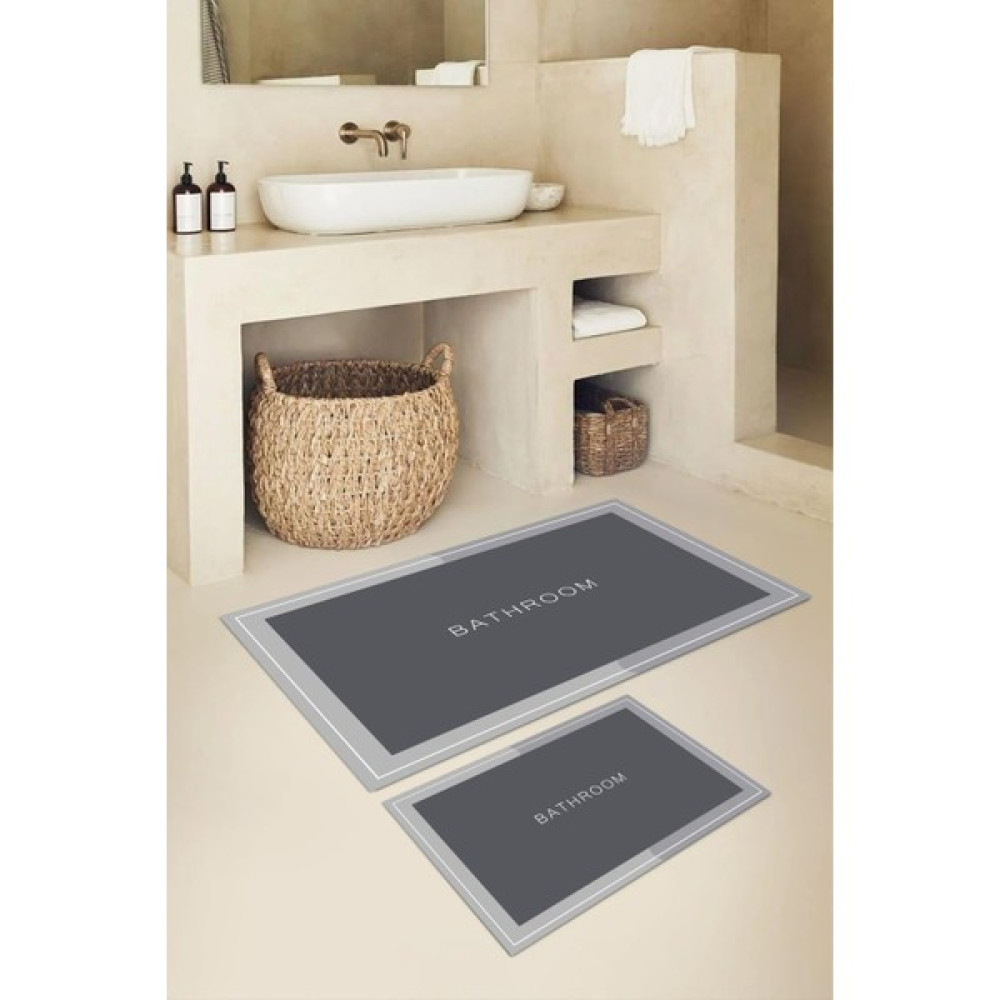 Doruklar Home Collection Dijital Baskı Kaymaz Taban Yıkanabilir 2'li Banyo Paspas Takımı - Gri Klozet Takımı Fiyatı