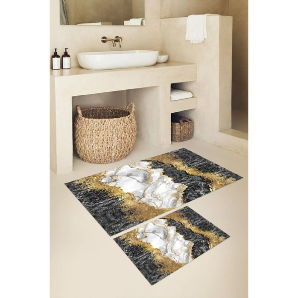 Doruklar Home Collection Dijital Baskı Kaymaz Taban Yıkanabilir 2'li Banyo Paspas Takımı - Siyah Klozet Takımı Fiyatı