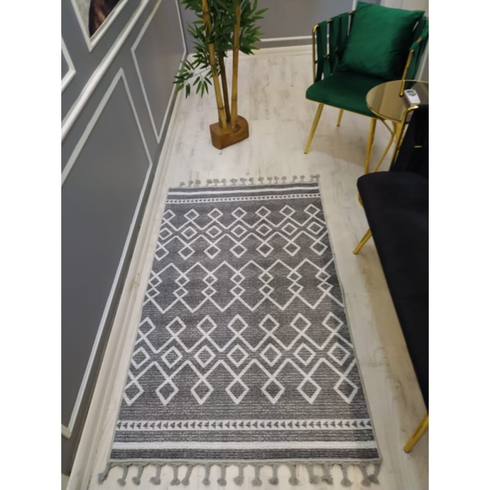 Doruklar Home Collection Iskandinav Kilim Desenli Kaymaz Tabanlı Yıkanabilir Leke Tutmaz Dokuma Taban Halı - Gri - Kahverengi - Beyaz - 80 x 200 cm Salon Halısı Fiyatı