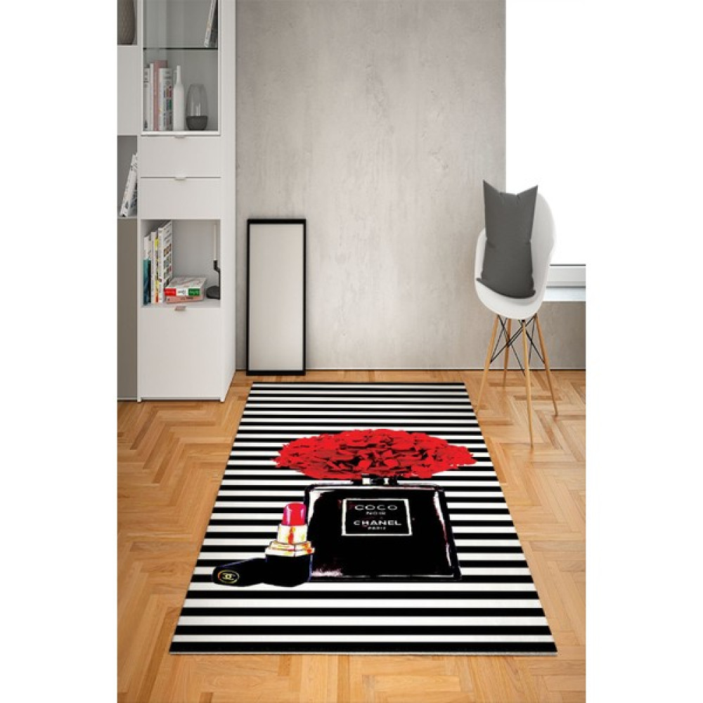 Doruklar Home Collection Kaymaz Taban Yıkanabilir Coco Chanel Desenli Dot Taban Halı - 200 x 300 cm - Siyah - Beyaz Salon Halısı Fiyatı