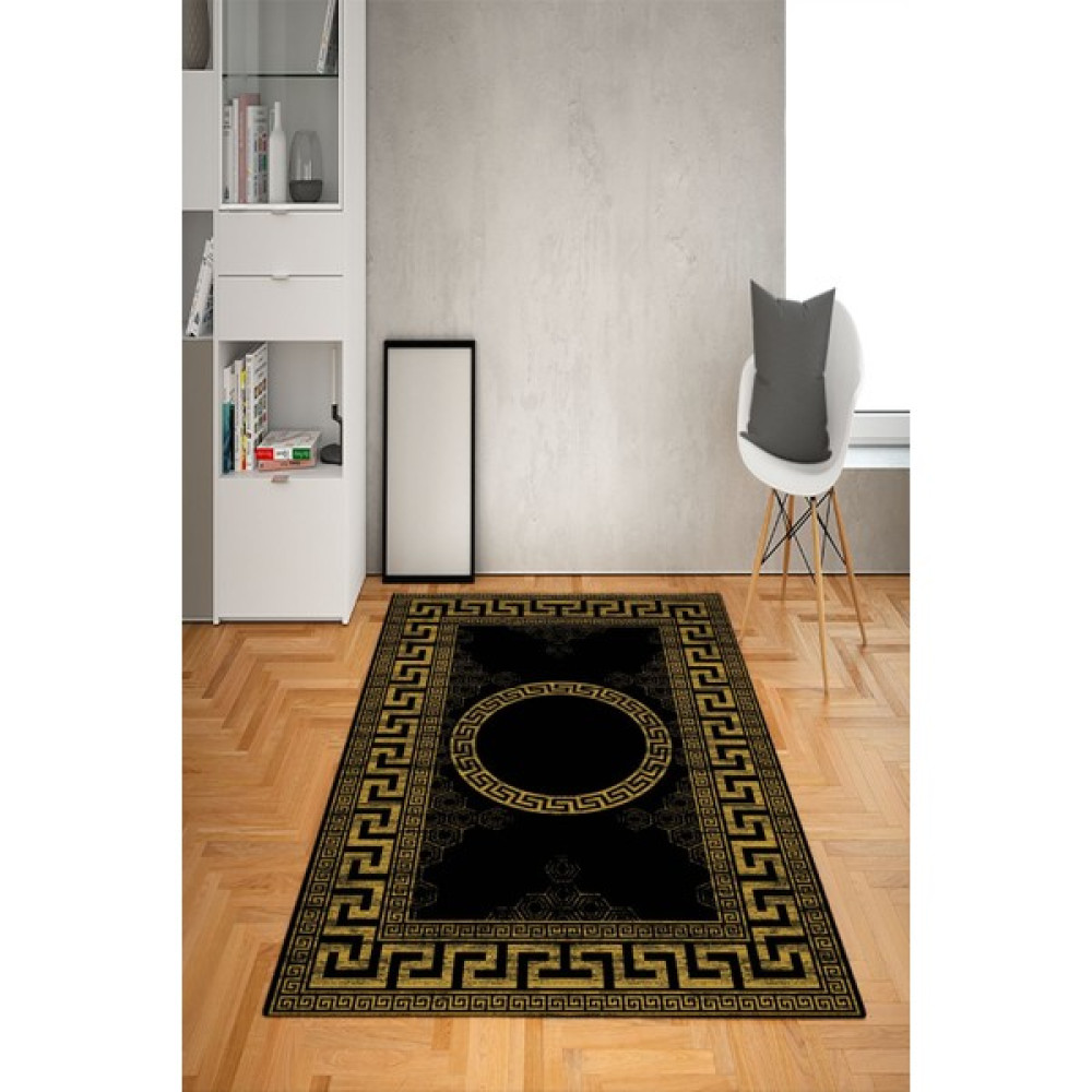 Doruklar Home Collection Kaymaz Taban Yıkanabilir Dekoratif Çeçeveli Versace Desenli Dot Taban Halı - 120 x 180 cm - Siyah Salon Halısı Fiyatı