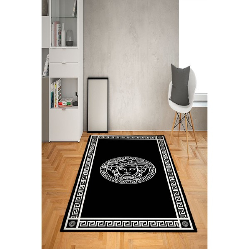 Doruklar Home Collection Kaymaz Taban Yıkanabilir Dekoratif Versace Medusa Çerçeve Desenli Dot Taban Halı - 120 x 180 cm - Siyah - Beyaz Salon Halısı Fiyatı