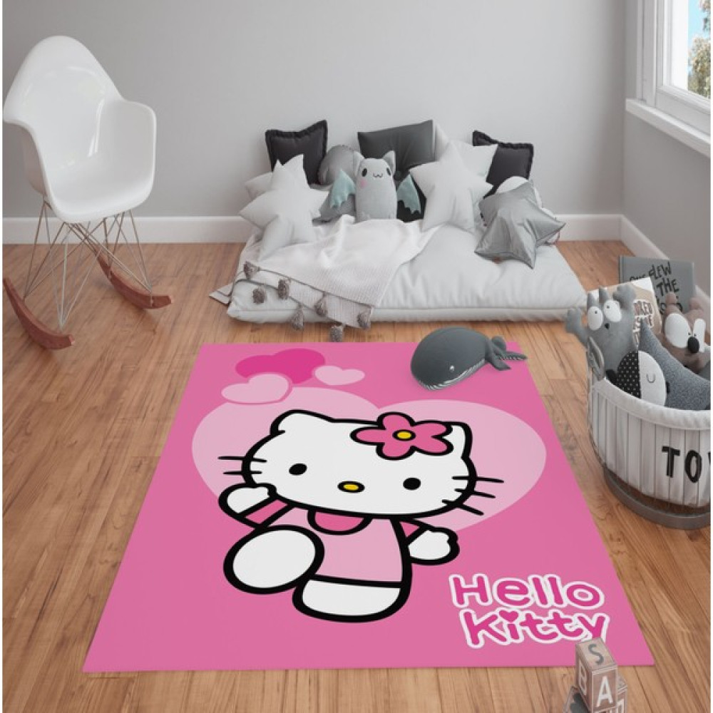 Doruklar Home Collection Kaymaz Tabanlı Yıkanabilir Hello Kitty Desenli Çocuk Halısı Dot Taban Halı - 80 x 150 cm - Açık Pembe Salon Halısı Fiyatı