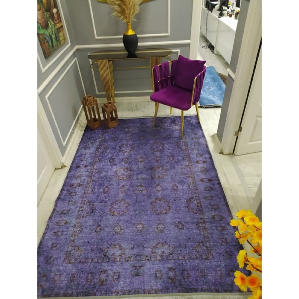 Doruklar Home Collection Kaymaz Tabanlı Yıkanabilir Mor Zemin Eskitme Desenli Dokuma Taban Halı - 80 x 150 cm Salon Halısı Fiyatı