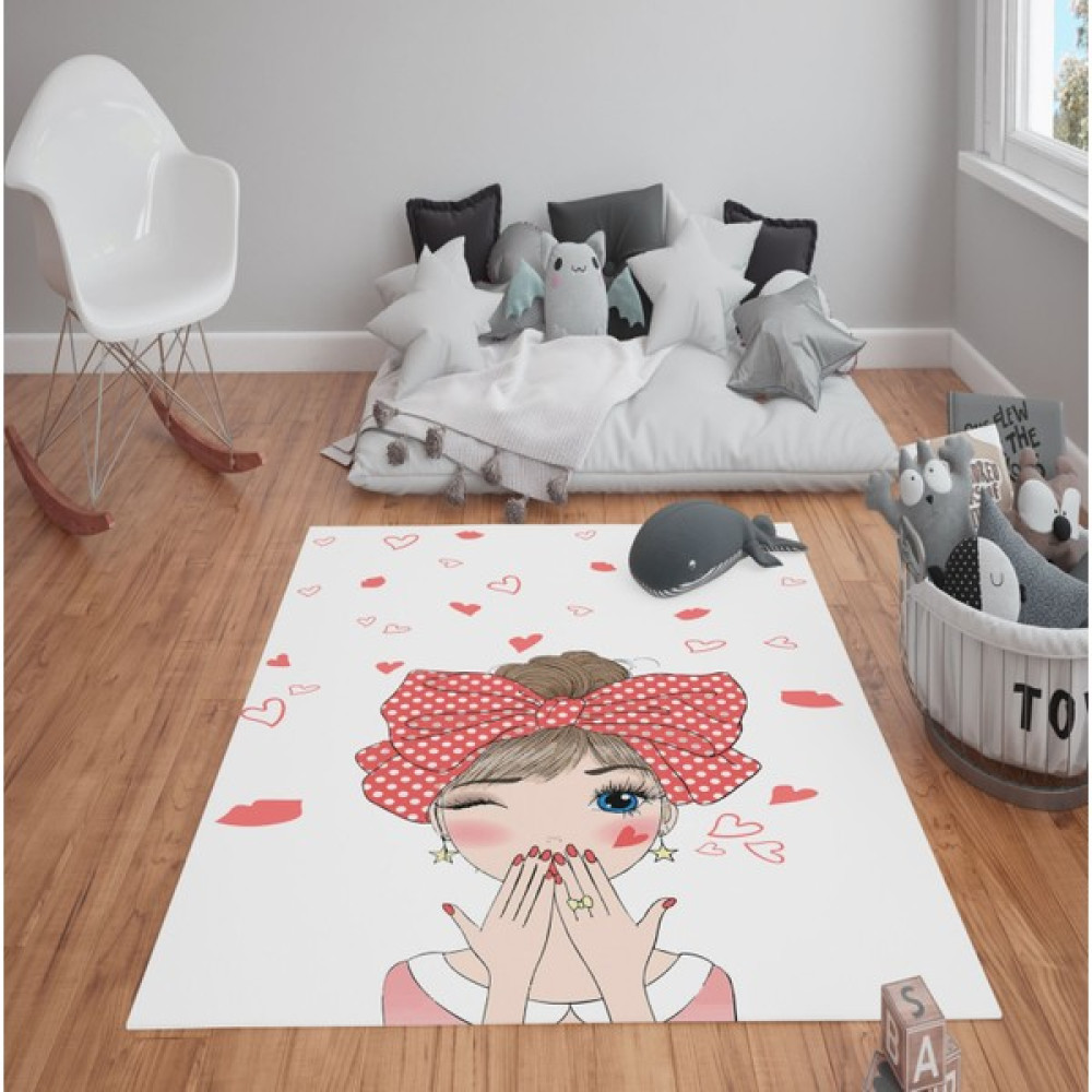 Doruklar Home Collection Kaymaz Tabanlı Yıkanabilir Şeker Kız Desenli Çocuk Halısı Dot Taban Halı - 80 x 150 cm - Renkli Salon Halısı Fiyatı