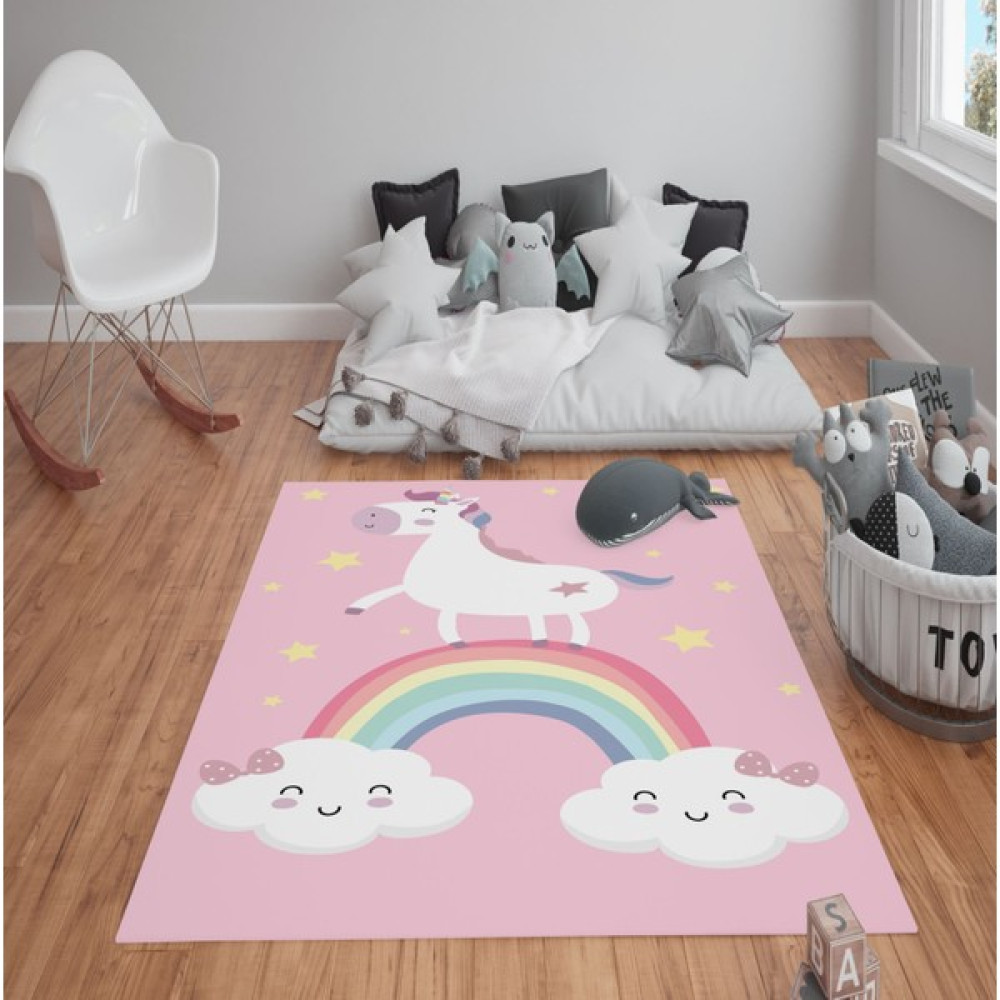 Doruklar Home Collection Kaymaz Tabanlı Yıkanabilir Unicorn Desenli Çocuk Halısı Dot Taban Hal - Açık Pembe - 80 x 150 cm Salon Halısı Fiyatı