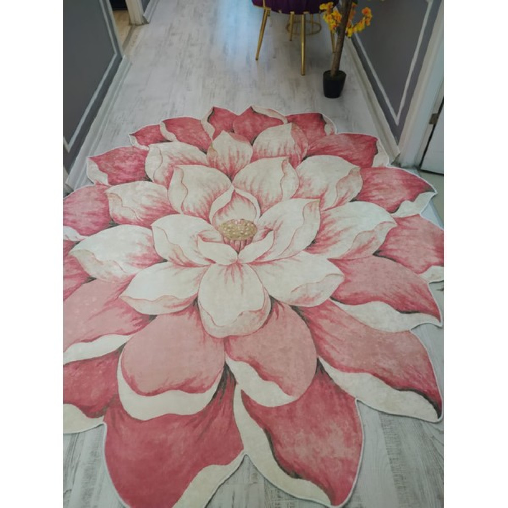 Doruklar Home Collection Lazer Kesim Pembe Gül Desenli Yuvarlak Kaymaz Taban Yıkanabilir Leke Tutmaz Deri Taban Halı - Gri - Kahverengi - Beyaz Salon Halısı Fiyatı