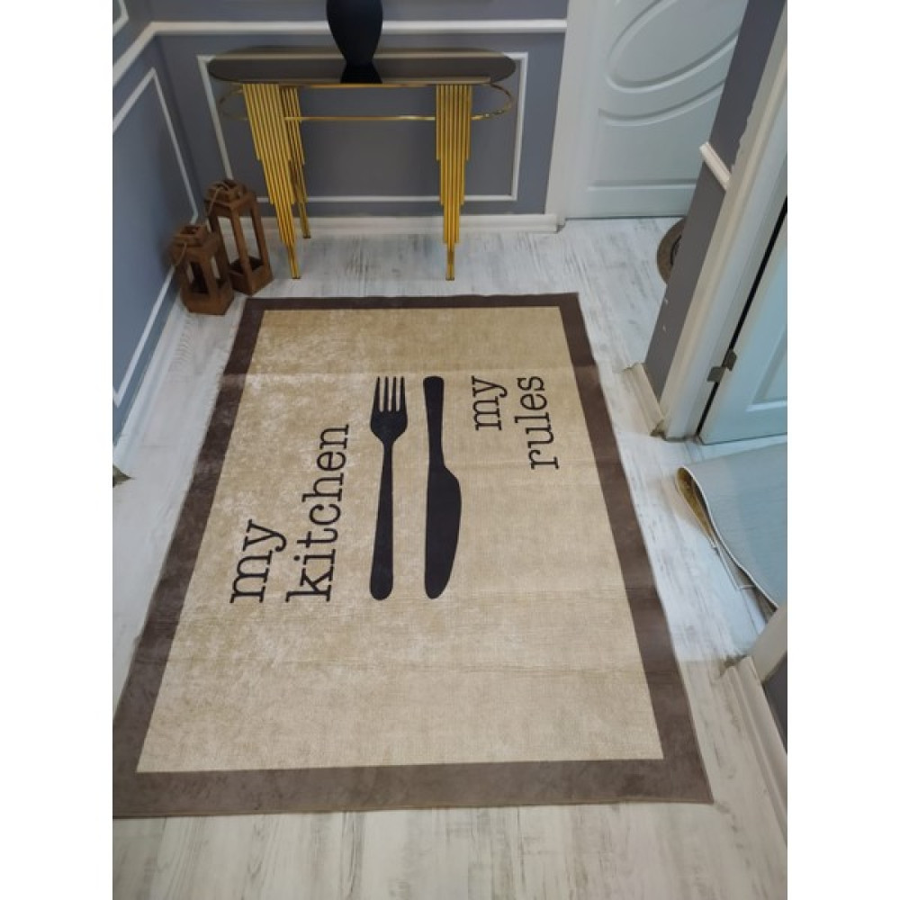 Doruklar Home Collection My Kitchen Desenli Mutfak Halısı Kaymaz Taban Yıkanabilir Leke Tutmaz Dokuma Taban Halı - 160 x 230 cm - Açık Kahverengi Salon Halısı Fiyatı