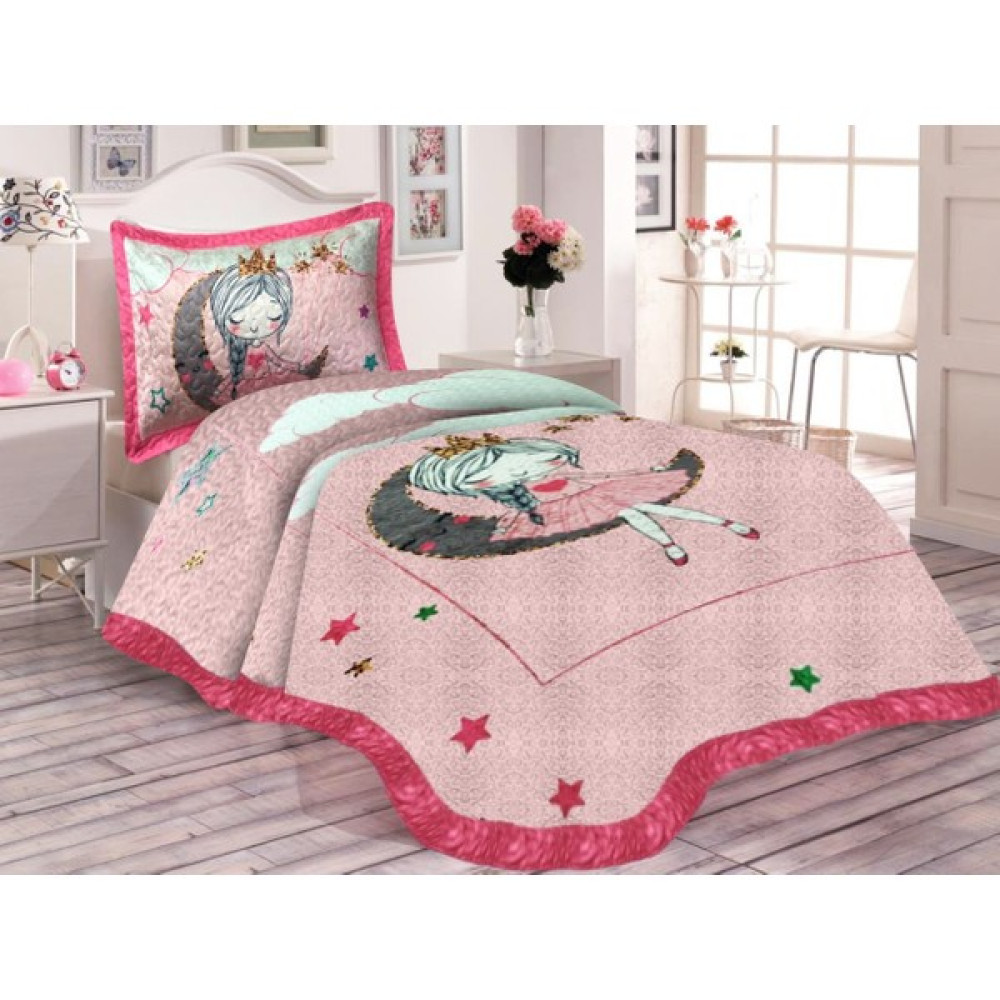 Doruklar Home Collection Pamuk Dolgulu Kadife Kumaş Ay Kız Desenli Çoçuk Odası Tek Kişilik Kapitone Yatak Örtüsü Seti - 180 x 240 cm - Renkli Yatak Örtüsü Fiyatı