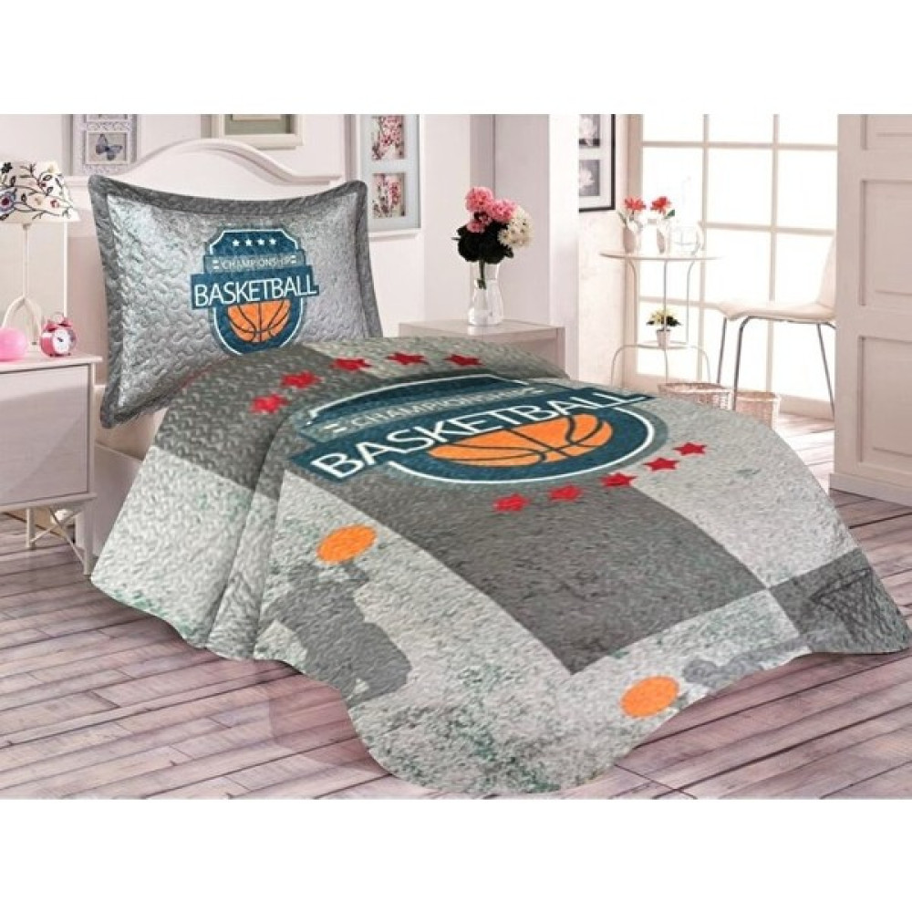 Doruklar Home Collection Pamuk Dolgulu Kadife Kumaş Basketbol Desenli Çoçuk Odası Tek Kişilik Kapitone Yatak Örtüsü Seti - 180 x 240 cm - Renkli Yatak Örtüsü Fiyatı
