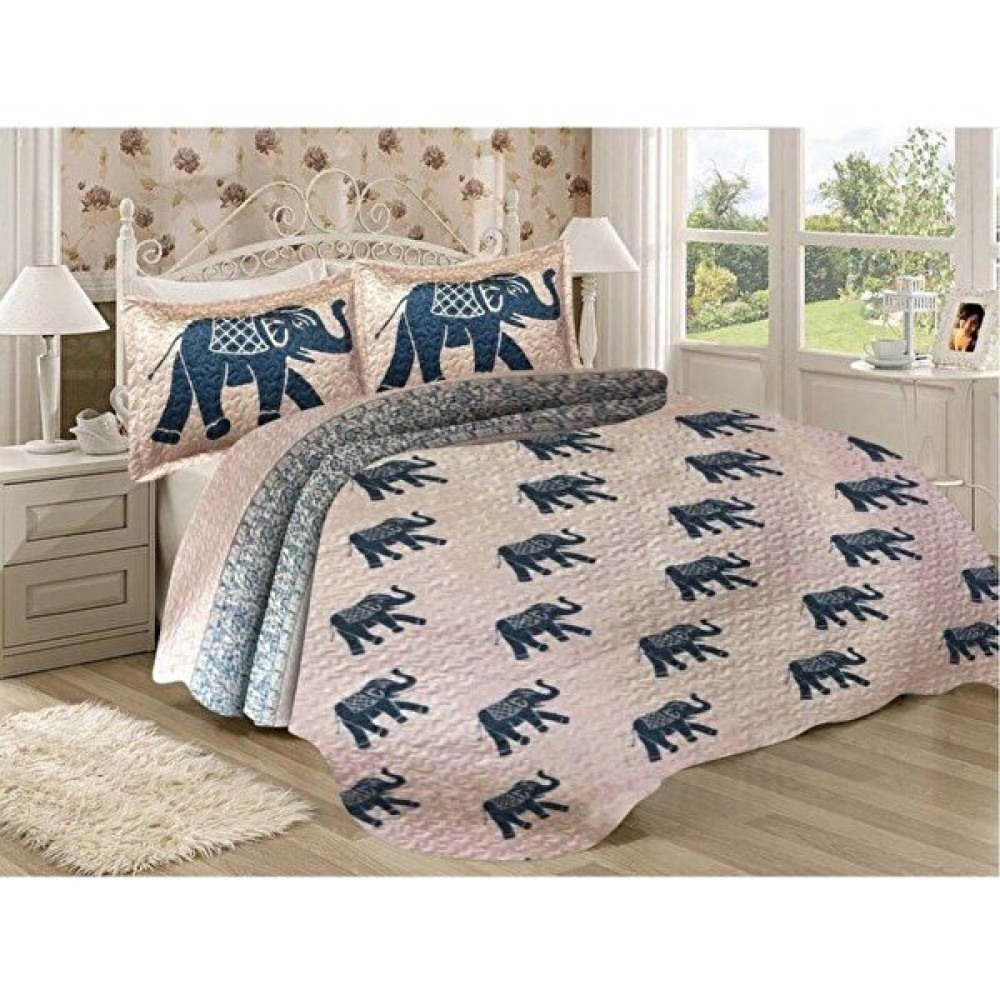 Doruklar Home Collection Pamuk Dolgulu Kadife Kumaş Fil Desenli Yatak Odası Çift Kişilik Kapitone Yatak Örtüsü Seti - 240 x 260 cm - Renkli Yatak Örtüsü Fiyatı