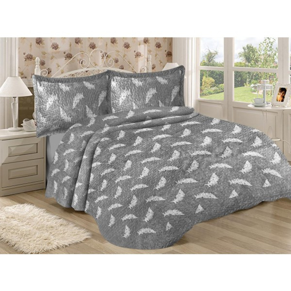 Doruklar Home Collection Pamuk Dolgulu Kadife Kumaş Gri-Beyaz Tüy Desenli Yatak Odası Çift Kişilik Kapitone Yatak Örtüsü Seti - 240 x 260 cm - Renkli Yatak Örtüsü Fiyatı