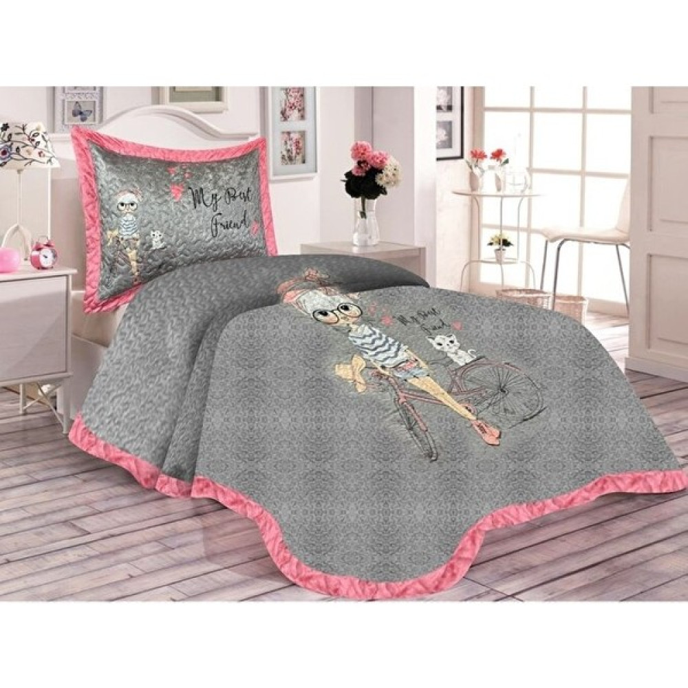 Doruklar Home Collection Pamuk Dolgulu Kadife Kumaş Kız Bisiklet Desenli Çoçuk Odası Tek Kişilik Kapitone Yatak Örtüsü Seti - 180 x 240 cm - Renkli Yatak Örtüsü Fiyatı