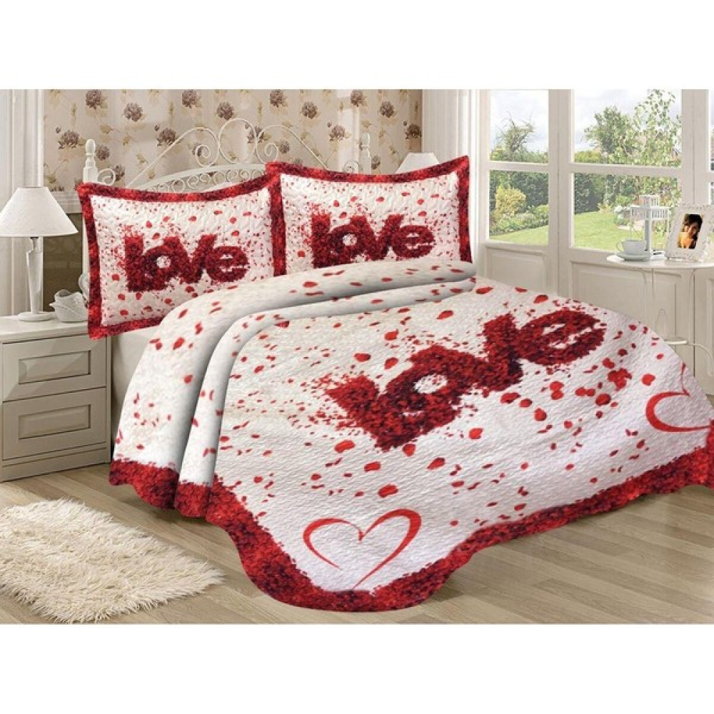Doruklar Home Collection Pamuk Dolgulu Kadife Kumaş Love Desenli Yatak Odası Çift Kişilik Kapitone Yatak Örtüsü Seti - 240 x 260 cm - Renkli Yatak Örtüsü Fiyatı
