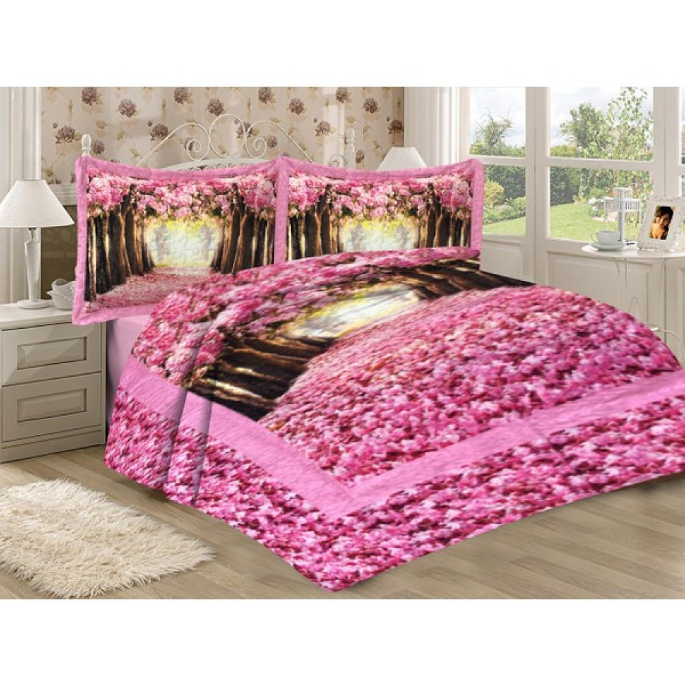 Doruklar Home Collection Pamuk Dolgulu Kadife Kumaş Pembe Ağaç Desenli Yatak Odası Çift Kişilik Kapitone Yatak Örtüsü Seti - 240 x 260 cm - Renkli Yatak Örtüsü Fiyatı
